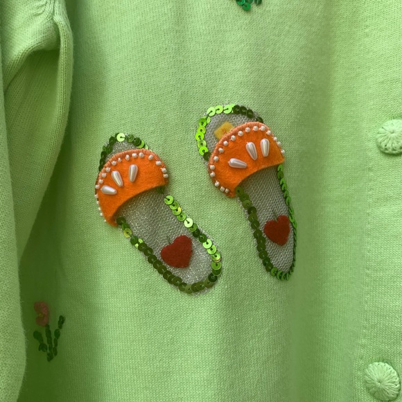 Vintage Quaker Factory long Cardigan 1X green sequence flower butterfly eclectic - Picture 5 of 16